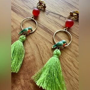 Green and Gold Parrot Tassel Clip On Earrings